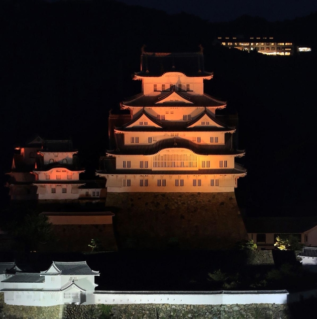 世界アルツハイマーデーに合わせ、オレンジ色に照らされた姫路城＝21日夜、姫路市内