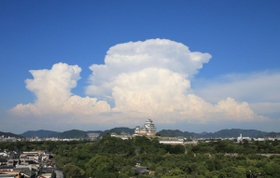 世界文化遺産・国宝姫路城の後ろにせり上がる入道雲＝１日午後、姫路市内