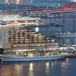 ライトアップされた「日本丸」（左手前）や「海王丸」（右奥）。建物の左隣は「青雲丸」＝２４日午後、神戸港