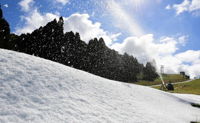 ゲレンデを白く染める人工雪＝１２日午前、神戸市灘区六甲山町北六甲、六甲山スノーパーク