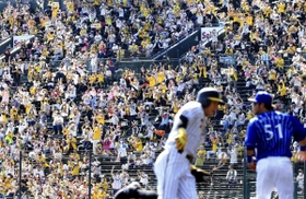 アルプス席から応援する阪神ファン。大声や鳴り物が禁止される中、応援団が録音した応援歌などが球場に鳴り響く＝９月２１日、西宮市の甲子園球場