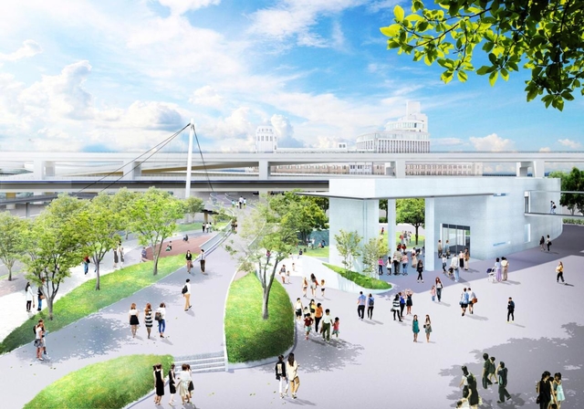 「こどもと花のひろば」のイメージ。税関前歩道橋（左）と「こども本の森　神戸」（右）が新設される（神戸市提供）