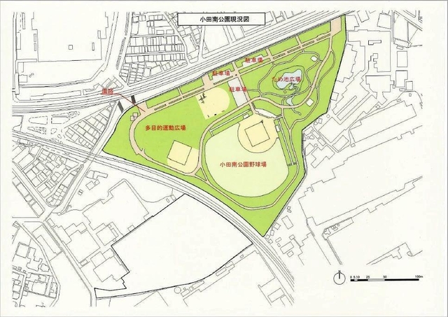阪神タイガースの２軍本拠地移転の候補地となっている小田南公園の現況図