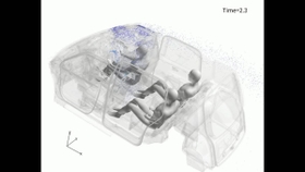 タクシー車内で運転手がくしゃみをした場合、窓を開けてパーティションを設置した状況下での飛沫拡散状況（理研提供）