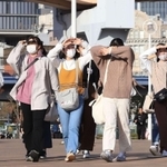 日差しを受けて軽装で歩く若者たち＝１９日午後、神戸市中央区波止場町