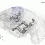 タクシー車内で運転手がくしゃみをした場合、窓を開けてパーティションを設置した状況下での飛沫拡散状況（理研提供）