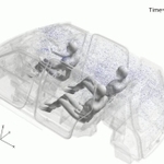 タクシー車内で運転手がくしゃみをした場合、窓を閉めて対策を施さない状況下での飛沫拡散状況（理研提供）