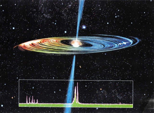 巨大電波望遠鏡の計測データから描いた水分子ガスの高速回転円盤。中心付近にブラックホールがあると考えられている