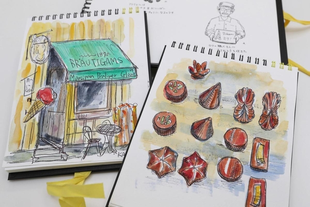 木野内さんが旅先で、チョコや職人、店などを描いたスケッチ帳（撮影・辰巳直之）