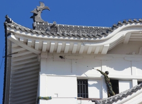 姫路城の大天守を清掃する自衛隊員＝１日午前、姫路市本町