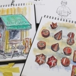 木野内さんが旅先で、チョコや職人、店などを描いたスケッチ帳（撮影・辰巳直之）