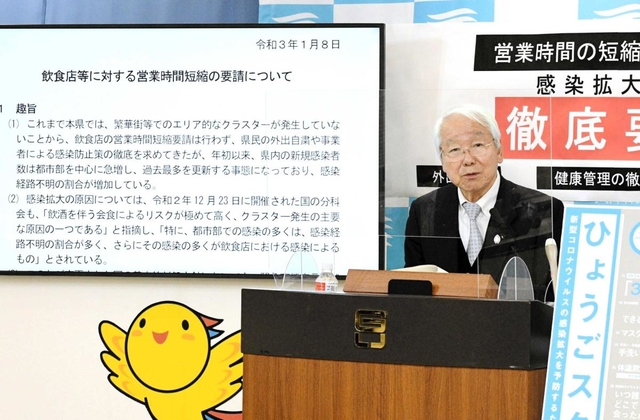 飲食店への時短要請などについて説明する兵庫県の井戸敏三知事＝８日夕、兵庫県庁（撮影・後藤亮平）
