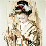 軽快で素早いタッチによる小磯良平の油彩画「化粧する舞妓」（１９５８年）＝大野ギャラリー所蔵