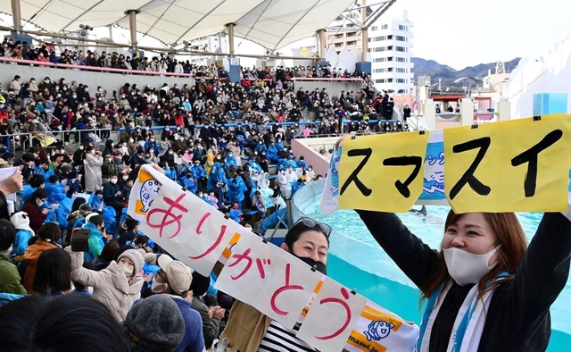 最後のイルカライブが終わり「ありがとう」「スマスイ」のメッセージを掲げる観客＝２８日午後、神戸市須磨区若宮町１、須磨海浜水族園（撮影・秋山亮太）