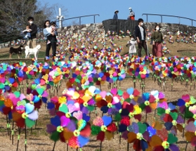 カラフルなかざぐるまが回る中、公園内を散策する行楽客ら＝２１日午後、淡路市夢舞台、国営明石海峡公園（撮影・辰巳直之）