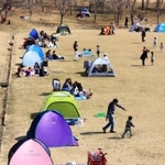 広場を縁取るテント。密を避けて遊ぶ家族の歓声が響く＝神戸市北区しあわせの村