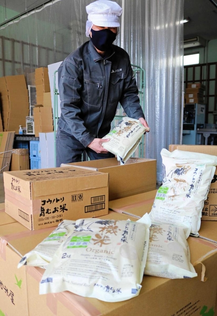 無農薬米を箱に詰める職員たち＝豊岡市八代宮