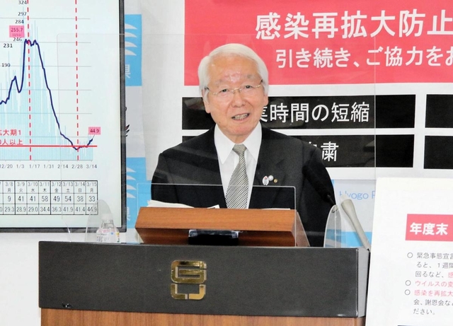 ４市内の飲食店に対する営業時短要請などの延長について18日にも開く新型コロナウイルス対策本部会議で判断する方針を示した兵庫県の井戸敏三知事＝15日午後、県庁