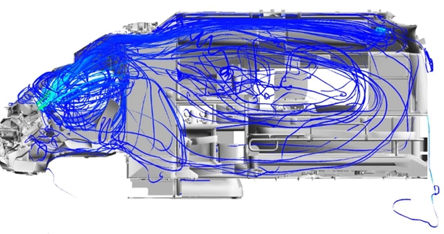 救急車内の空気の流れの様子（車体を横から見た内部の断面図）＝理化学研究所、東京工業大提供