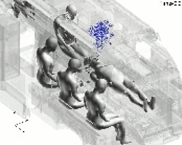 スーパーコンピューター「富岳」を使って検証した救急車内の飛沫飛散の様子＝理化学研究所、東京工業大提供