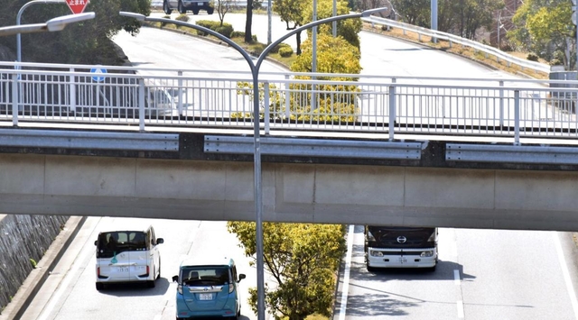 橋のすぐ下には車両が行き交う道路がある