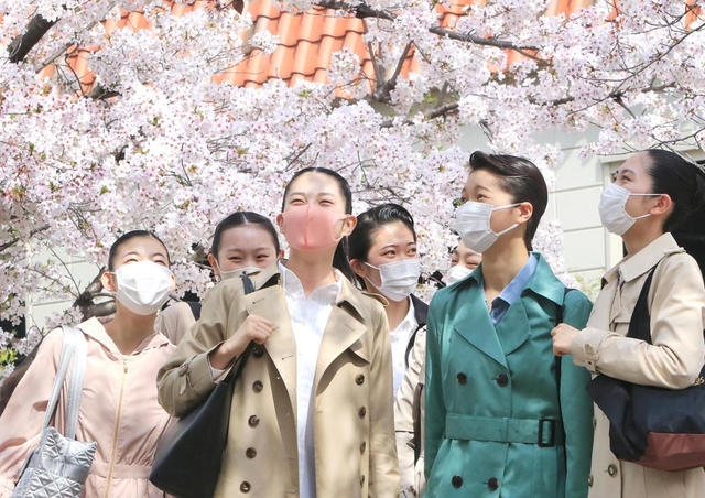 満開の桜並木の下で喜ぶ合格者＝３０日午前、宝塚市栄町１（撮影・斎藤雅志）