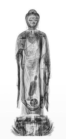 阿弥陀如来像のエックス線写真。小さな仏像と、球形の物体が確認された（（Ｃ）多摩美術大学青木淳研究室）