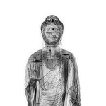 阿弥陀如来像のエックス線写真。小さな仏像と、球形の物体が確認された（（Ｃ）多摩美術大学青木淳研究室）