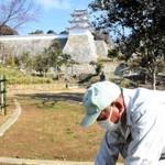 兵庫県立明石公園の地面に「花見席」の張り紙を打ち付ける作業員＝２４日、明石市内