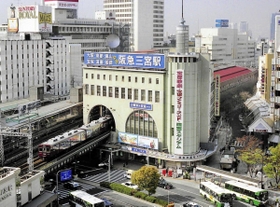 阪急電車がビルの中に出入りし、三宮のランドマークとして親しまれた「神戸阪急ビル東館」＝１９９３年４月
