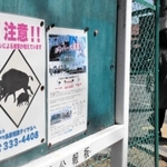 イノシシに注意を呼び掛ける住宅街の公報板。人身被害の件数は目に見えて減っている＝神戸市東灘区