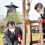 記念の桜の木を植樹する池口仁さん（左）ら＝１４日午前、豊岡市出石町内町