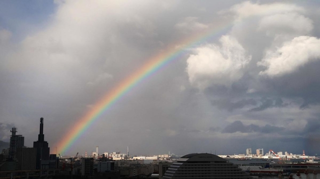 雨上がりの神戸の上空に架かった虹＝２日午後、神戸市中央区、神戸新聞社から