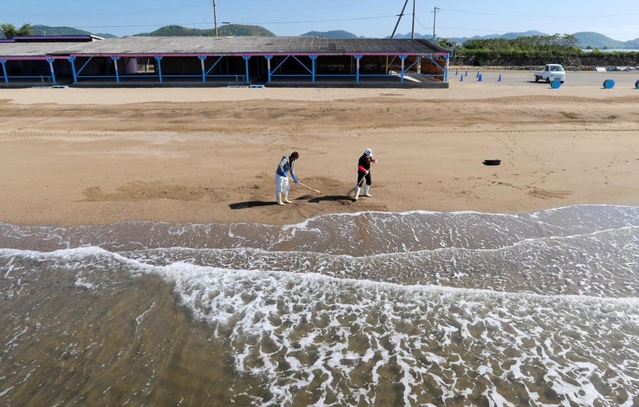 波の音だけが響く砂浜で黙々と漂着物を集める組合スタッフ＝３日午前、姫路市的形
