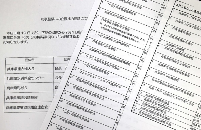 前兵庫県副知事の金沢和夫氏に立候補を要請した団体の一覧を記した資料（撮影・長嶺麻子）