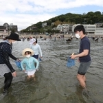 営業を再開した潮干狩り場で貝を探すマスク姿の親子連れら＝１５日午前、たつの市御津町黒崎