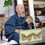 少年の頃の憧れだったオオムラサキの標本を前に、人と自然の関係について語る河合雅雄さん＝２０１９年６月、丹波篠山市内