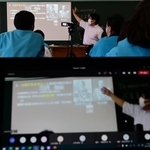 自宅にいる生徒にライブ配信される歴史の授業＝神戸市東灘区向洋町中２（撮影・中西幸大）