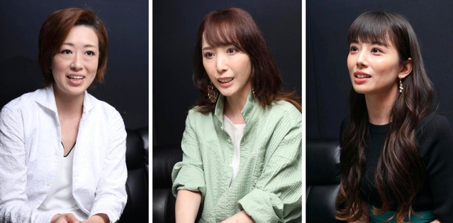インタビューに応じる（左から）北翔海莉さん、貴城けいさん、舞羽美海さん＝東京都内