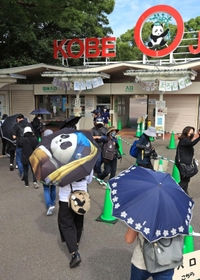 約２カ月ぶりの開園となり、パンダの「タンタン」ファンらも開園前から列を作った＝２１日午前、王子動物園（撮影・鈴木雅之）