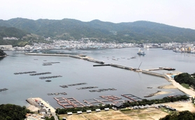 福良地区の町（写真奥）を津波から守るため、設置工事が進む湾口防波堤。湾内には養殖のいけすが浮かぶ＝南あわじ市阿万塩屋町、若人の広場公園から撮影