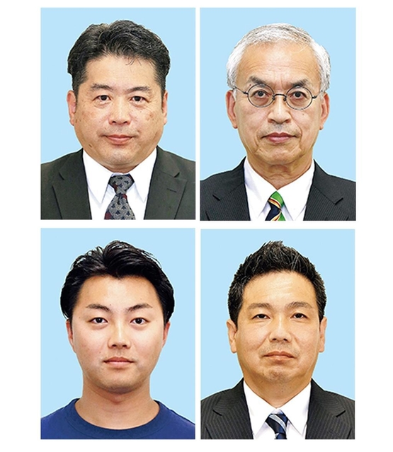 猪名川町長選に立候補した４氏。届け出順に上段左から、宮東豊一氏、岡本信司氏、下段左から小林晶生氏、中西典章氏