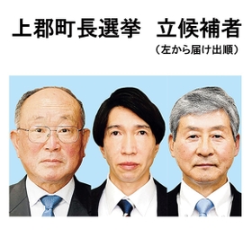 上郡町長選に立候補した３氏。左から届け出順に遠山寛氏、梅田修作氏、琴川邦寛氏