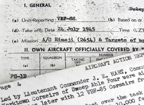 米国立公文書館に所蔵されている米海軍部隊の戦闘報告書のコピー。加東市下滝野を空襲したとみられる（撮影・中西大二）