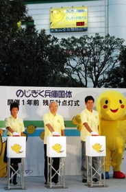 ■２期目　のじぎく兵庫国体の開催１年前、旧そごう神戸店側壁に設置された残日計の点灯式を行う（中央）＝２００５年９月、神戸市内