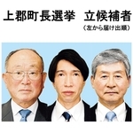 上郡町長選に立候補した３氏。左から届け出順に遠山寛氏、梅田修作氏、琴川邦寛氏