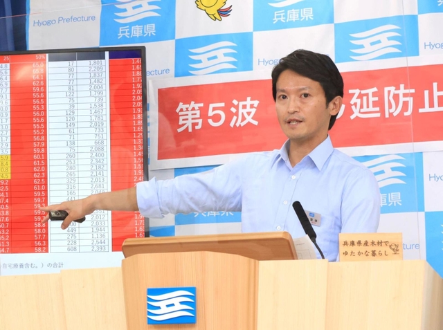 兵庫県内の感染状況などについて説明する斎藤元彦知事＝１２日午後、兵庫県庁（撮影・吉田敦史）