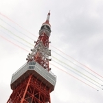 鮮やかなスモークで航跡を残して飛行するブルーインパルス＝２４日午後２時８分、東京都港区芝公園４（撮影・吉田敦史）