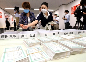 自民党兵庫県連で行われた党員・党友票の開票作業＝２９日午前、神戸市中央区中山手通５（撮影・鈴木雅之）