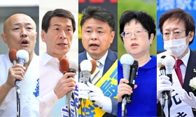 神戸市長選の立候補者。右から届け出順に久元喜造、鴇田香織、岡崎史典、中川暢三、酒谷敏生の各氏